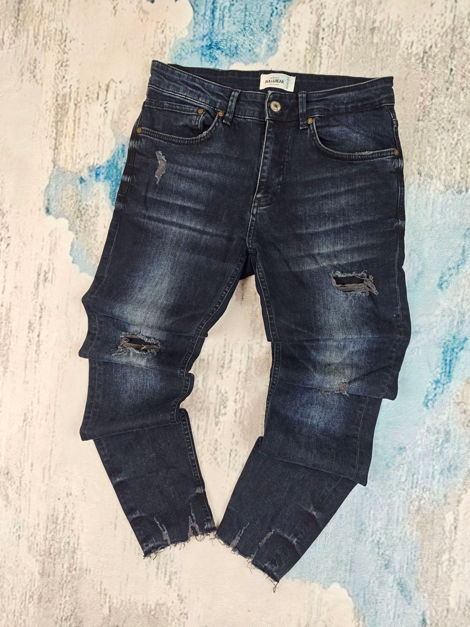 Pull&Bear Men's Skinny Ripped Jeans Raw Hem Distressed Y2K Streetwear Dark Blue Wash Size 40